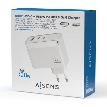Aisens Cargador GaN 100W con 2xUSB-C y 1xUSB-A, Blanco
